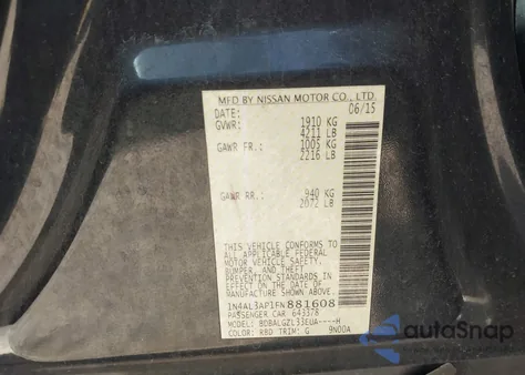 2015 Nissan Altima 2.5 S z USA, uszkodzony, nr VIN 1N4AL3AP1FN881608